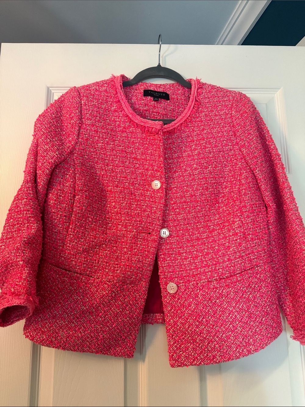 Talbots Hot Pink Tweed Collarless Blazer